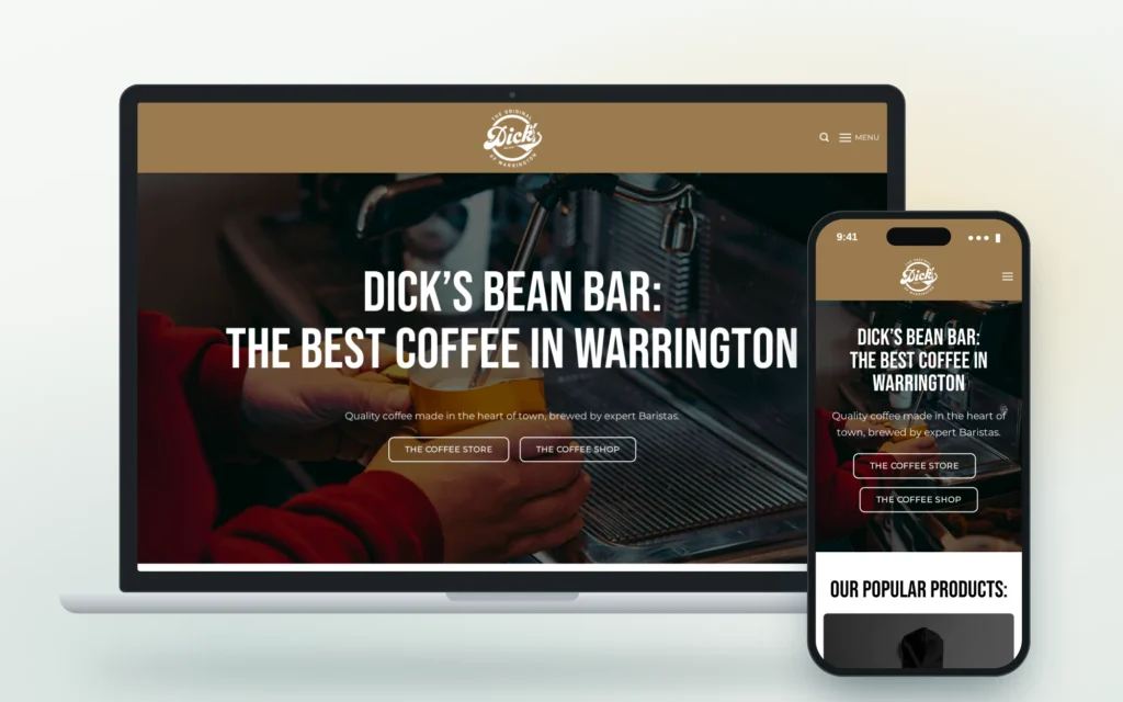 Dick's Bean Bar coffee shop website shown on a laptop and a phone