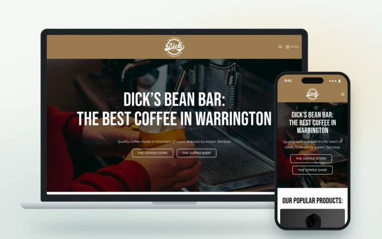Dick's Bean Bar coffee shop website shown on a laptop and a phone