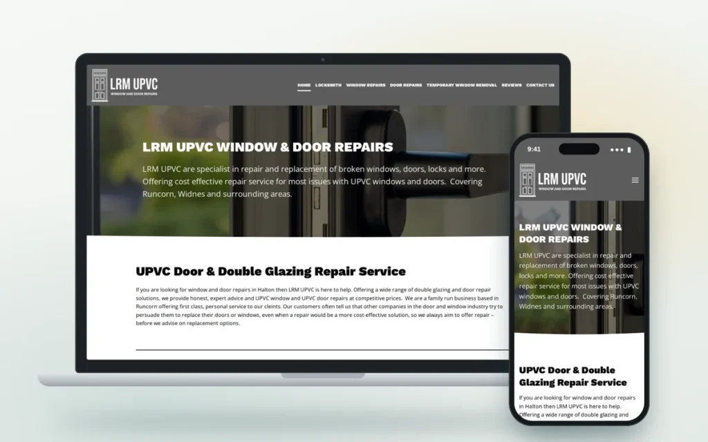 LRM uPVC window and door repairs website shown on a laptop and a phone