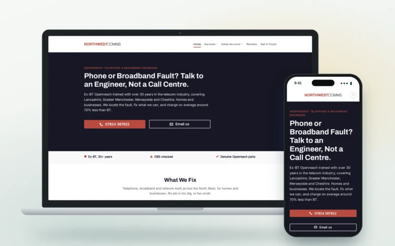 North West Comms telephone and broadband engineers website shown on a laptop and a phone