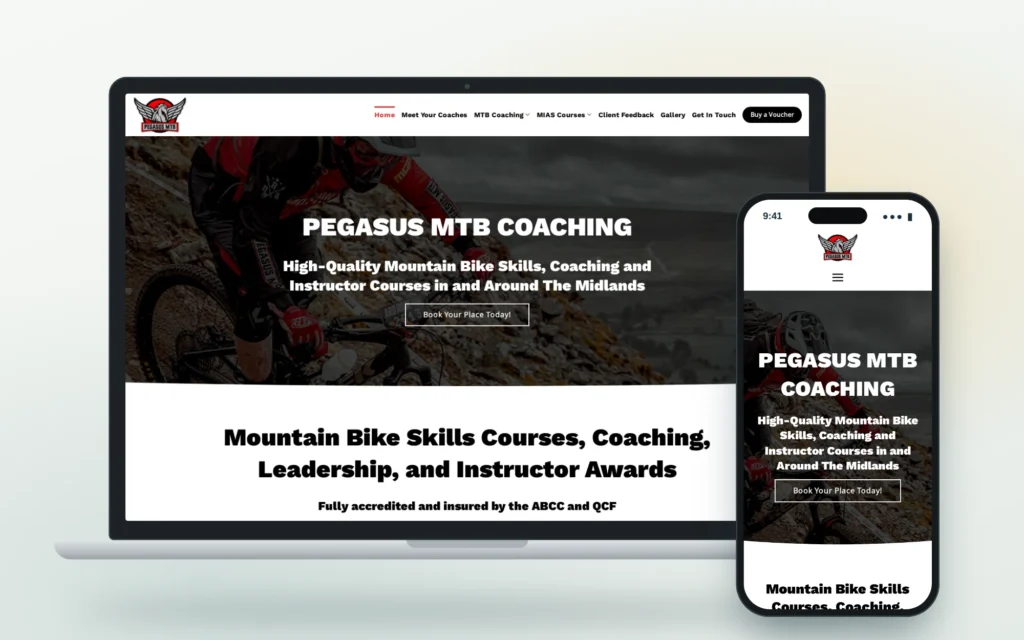 Pegasus MTB coaching website shown on a laptop and a phone